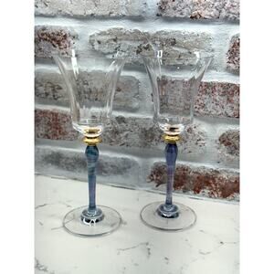 Rare Mikasa Royal Jamestown Blue Stem and Gold Knot Wine Glass Set of 2